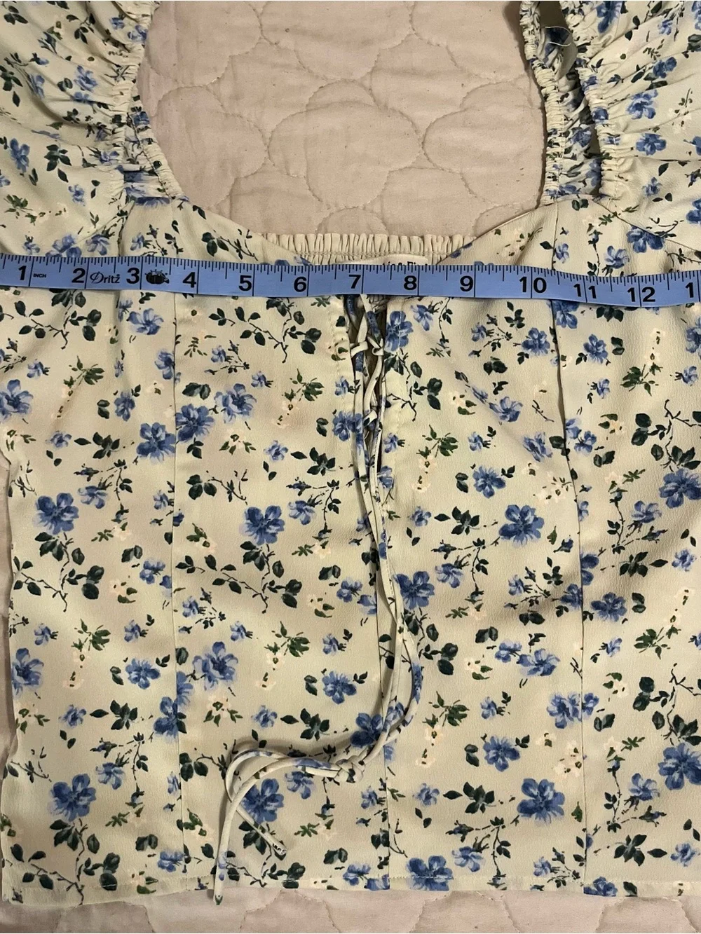 Abercrombie & Fitch Floral Lace-Up Square Neck Long Sleeve Cream/Blue Blouse
